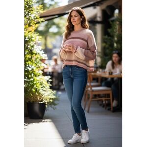 Altar State Striped Mohair Blend Cropped Sweater Pink Mauve Cream Women's M